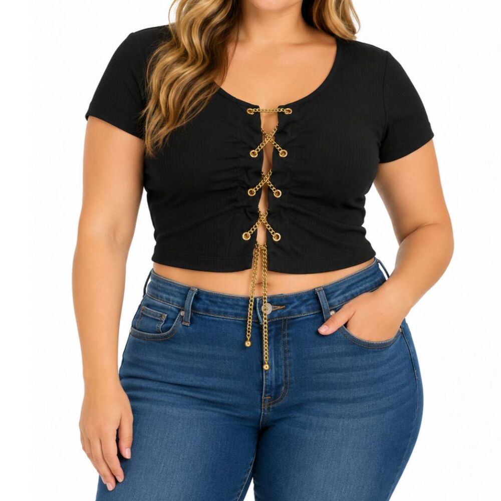 Tic Toc Women’s Black Ribbed Gold Chain Lace-Up Crop Top | Size Large